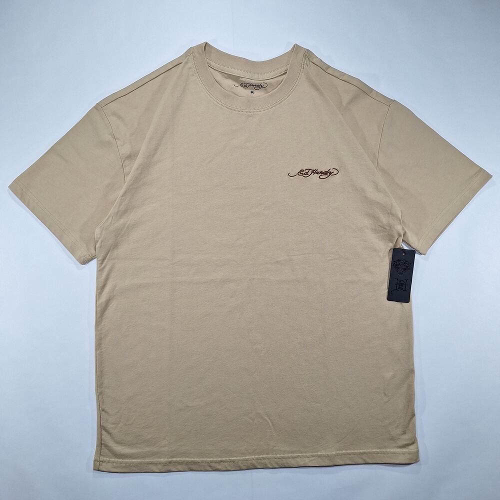 NWT Ed Hardy T Shirt Mens Medium Beige Brown Embroidered Short Sleeve Crew Neck